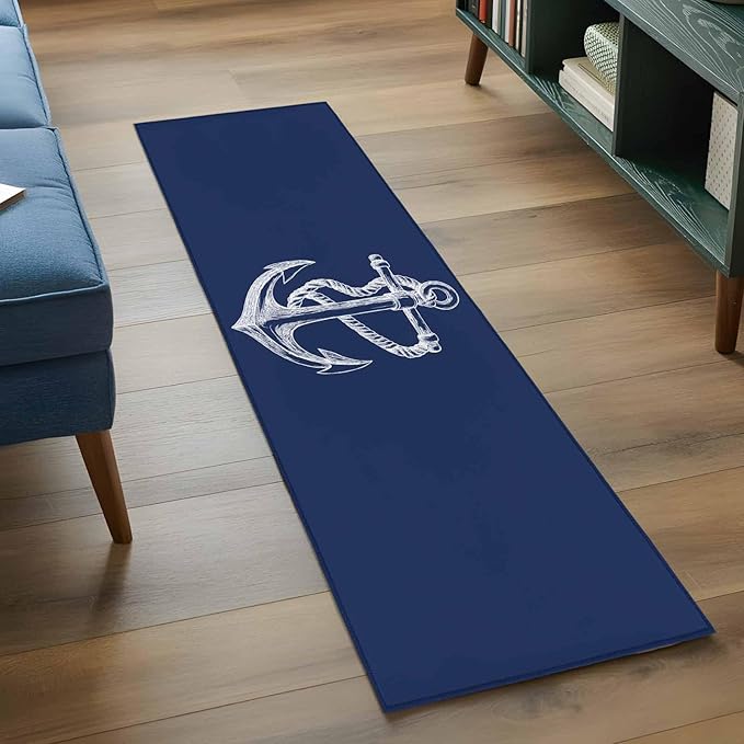 Runner Rug for Bedroom Hallway, Marine Theme Anchor String Sketch Kitchen Runner Rugs Area Rug 2x6ft, Watercolor Nautical Theme Washable Soft Floor Carpet for Entryway Stair