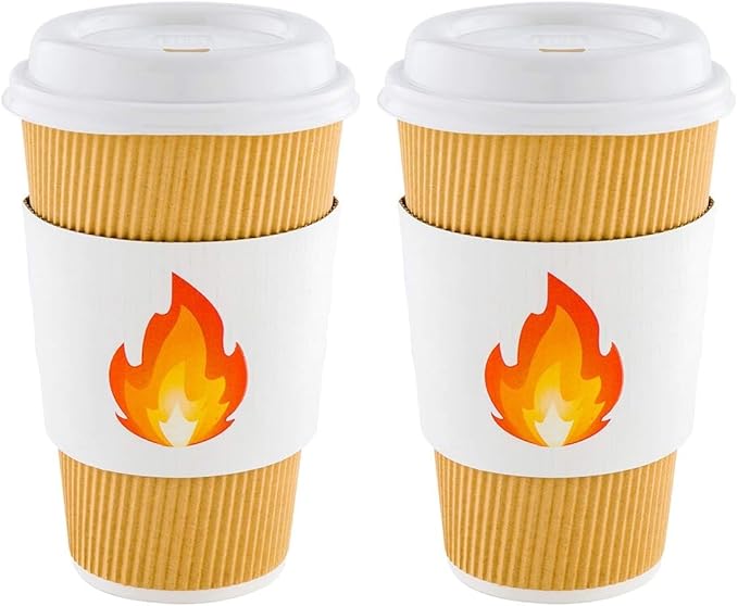 Restaurantware SLEEVES ONLY: Restpresso 5.1 x 2.8 Inch Coffee Cup Sleeves 50 Corrugated Hot Cup Sleeves - Fire Emoji Heat-Tolerant White Paper Disposable Coffee Sleeves Secure Grip (Pack of 2)