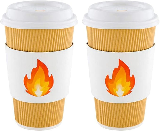 Restaurantware SLEEVES ONLY: Restpresso 5.1 x 2.8 Inch Coffee Cup Sleeves 50 Corrugated Hot Cup Sleeves - Fire Emoji Heat-Tolerant White Paper Disposable Coffee Sleeves Secure Grip (Pack of 2)