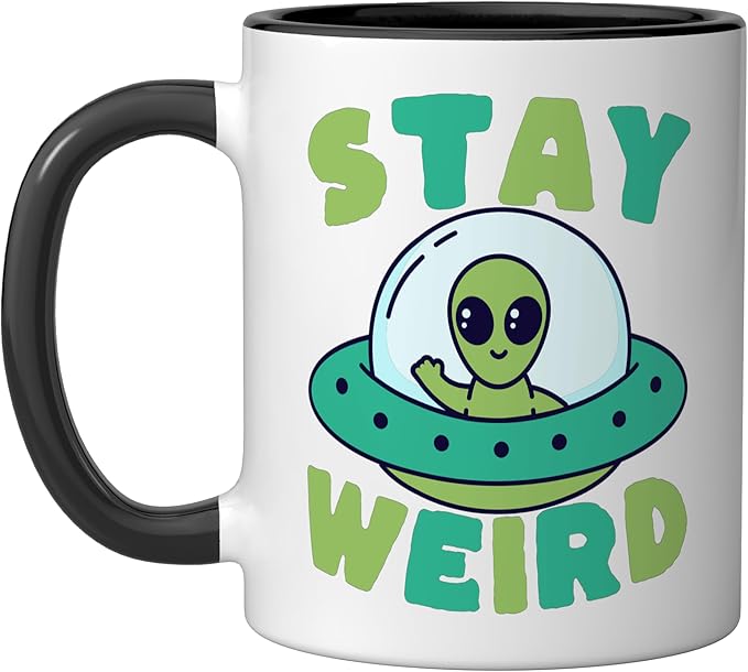 Cute Alien Stay Weird UFO Extraterrestrial Space Ceramic Mug, Black/White