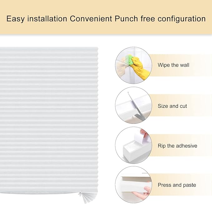 Temporary Window Blinds - Cordless No Drill Stick On Self Adhesive Clip on Paper Blinds for Windows Door - White, 35 x 59 Inch (Fits Windows 19-36 Inch)