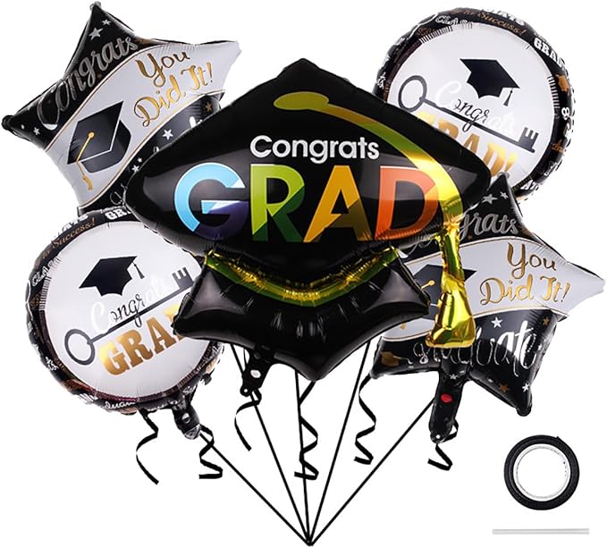 Graduation Cap Foil Balloons 26 inch Congratulations Mylar Balloons Class of 2025 College High School Preschool Kindergarten Graduation Decorations Supplies 5Pcs