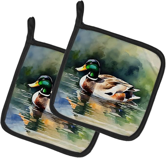 Caroline's Treasures Mallard Pair of Pot Holders Kitchen Heat Resistant Pot Holders Sets Oven Hot Pads for Cooking Baking BBQ, 7 1/2 x 7 1/2