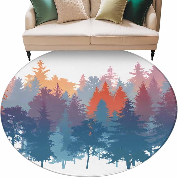 Washable Round Area Rug Abstract Trees Forest Silhouette Circle Rugs Floor Carpet for Living Room Bedroom, Natural Scene Plants Soft Non Slip Round Rug 5ft