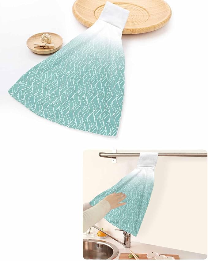 Alandar Home Kitchen Tie Towel Set of 1, Abstract White Wave Line Absorbent Soft Hand Towels for Bathroom Hanging Towels, Modern Stripe on Green Fast Drying Cleaning Cloth with Loop