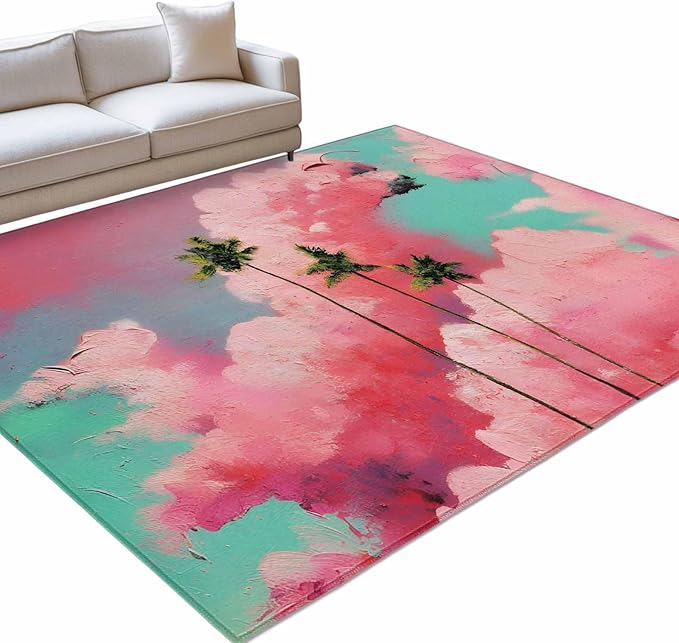 Area Rug 3x5ft, Summer Dreamy Pink Cloud Washable Rugs for Living Room Bedroom, Watercolor Tropical Palm Tree Soft Non-Slip Area Rugs Rectangle Floor Carpet for Dining Room