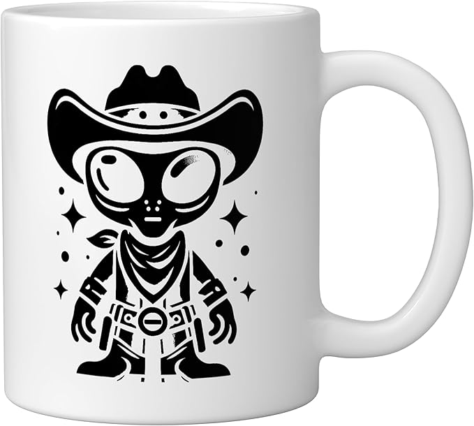Alien Lover Flying Saucer UFO Extraterrestrial Cowboy Ceramic Mug, White