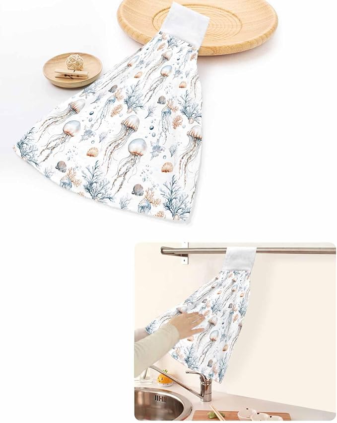 Alandar Home Kitchen Tie Towel Set of 2, Summer Marine Life Jellyfish Absorbent Soft Hand Towels for Bathroom Hanging Towels, Watercolor Starfish Conch Fast Drying Cleaning Cloth with Loop