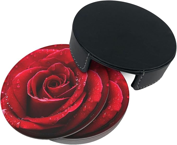 Famame 6 Pcs Bright Red Rose Leather Coasters for Drinks with Holder Coaster Sets Drink Table Cup Coasters for Living Room Kitchen Coffee Decor