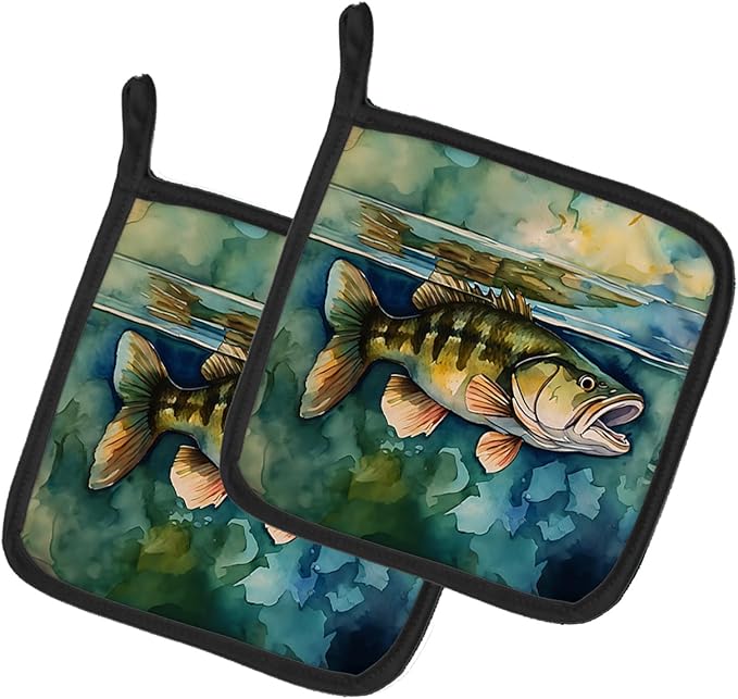 Caroline's Treasures Smallmouth Bass Pair of Pot Holders Kitchen Heat Resistant Pot Holders Sets Oven Hot Pads for Cooking Baking BBQ, 7 1/2 x 7 1/2