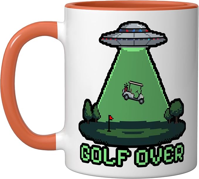 Retro Funny GOLF OVER Pixel Art UFO Abducting Golf-Cart Ceramic Mug, Orange/White