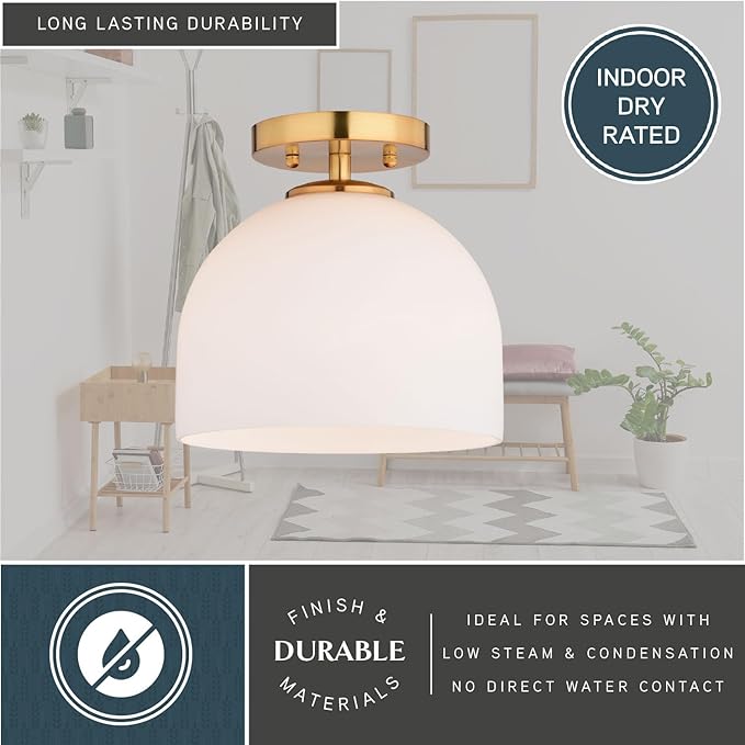 VAXCEL Shelby 9.25-in W Gold Brass Transitional Semi Flush Mount Ceiling Light White Glass