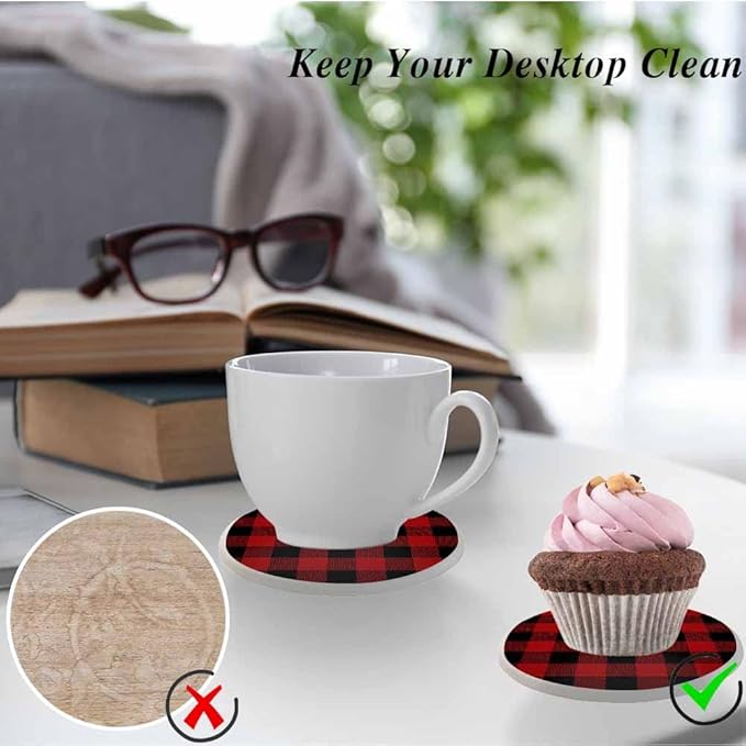 oFloral Red Black Plaid Coasters for Drinks Vintage Classic Checkered Cups Place Mats for Home Decor Set of 2, 4 Inch