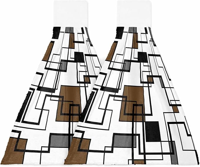 Alandar Home Kitchen Tie Towel Set of 2, Brown Black Geometric Lines Art Absorbent Soft Hand Towels for Bathroom Hanging Towels, Abstract Color Block Fast Drying Cleaning Cloth with Loop