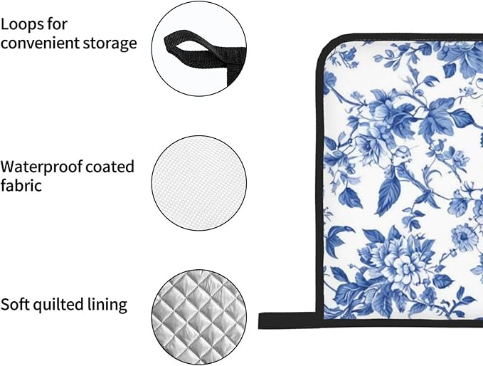 4 Pcs Blue and White Flower Oven Mitts and Potholders,Kitchen Oven Glove with Pot Holders,Non-Slip Gloves High Heat Resistant 500 Degree for BBQ, Grill, Baking, Cooking, Oven, Microwave
