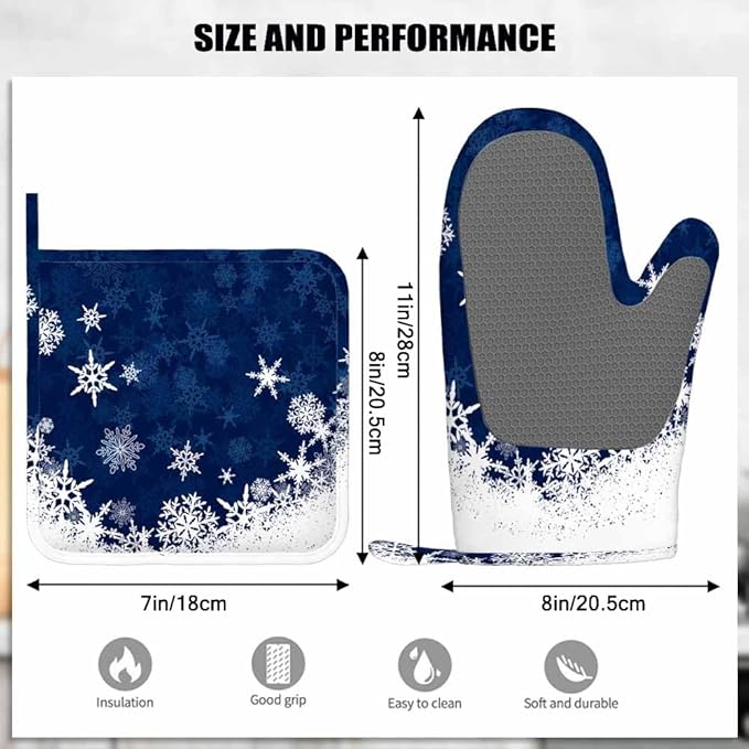 Mxocom Merry Christmas Snowflake Silicone Oven Mitts and Pot Holders Sets Winter Blue Frosty Snow Christmas BBQ Gloves for Kitchen,Cooking,Baking,Grilling