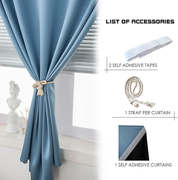 AJAZZ self Adhesive Portable 100% Blackout Curtains Simple and Easy to installBedroom Window Thermal Lnsulated Kitchen Room Darkening Black Small Drapes 1-Pack
