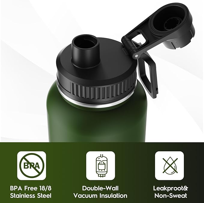 Navigate 32 oz Insulated Stainless Steel Sports Water Bottle with Spout & Handle Lids,Wide Mouth Water Jug with Double Walled Leak Proof Keep Cold for 24 Hrs Hot for 12 Hrs,Dark Green