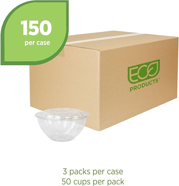 ECO PRODUCTS Compostable Clear PLA Plastic 32oz Salad Bowl With Lid, Case of 150, Grab 'n' Go Round Cold Takeout Food Containers, Renewable Plant-Based, Disposable, ASTM Compliant, BPI-Certified