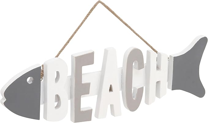 Deco 79 98869 Wooden Fish Wall Hook Rack with Beach Letter Cutouts Wall Hook Rack,Gray/White