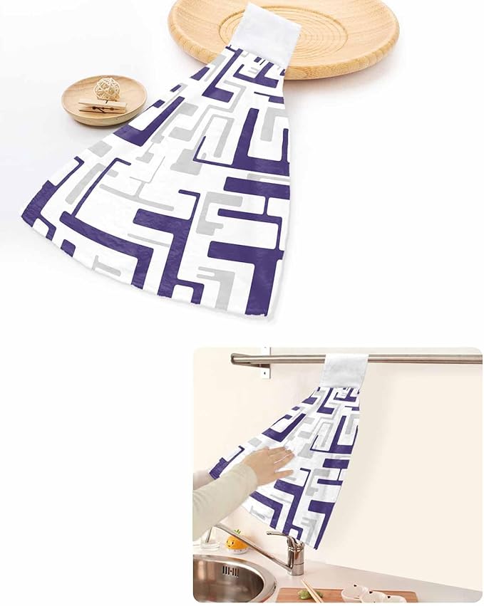 Alandar Home Kitchen Tie Towel Set of 1, Modern Abstract Purple Gray Stripes Absorbent Soft Hand Towels for Bathroom Hanging Towels, Geometric Square Art Fast Drying Cleaning Cloth with Loop