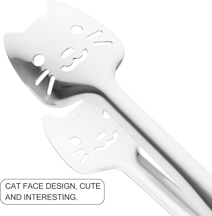 jojofuny Stainless Steel Kitchen Tongs Cat Face Design Metal Food Clips Small Buffet Serving Tongs for Cooking Baking and Dessert