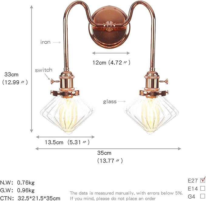 Wall Lamps with Switch, 2-Lights Rose Gold Bathroom Vanity Lights Wall Mounted Lighting Clear Glass Lampshade Wall Sconces(Color:C)