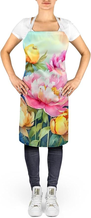 Caroline's Treasures Peonies in Watercolor Apron Cooking Kitchen Server Baking Crafts Gardening for Adult Women Men, Unisex, Large, Multicolor