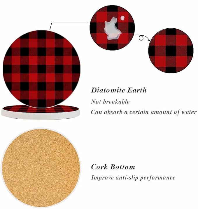 oFloral Red Black Plaid Coasters for Drinks Vintage Classic Checkered Cups Place Mats for Home Decor Set of 2, 4 Inch