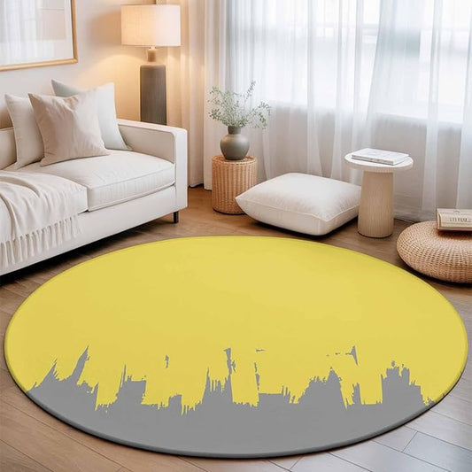 Washable Round Area Rug Abstract Yellow Grey Graffiti Circle Rugs Floor Carpet for Living Room Bedroom, Oil Painting Artwork Soft Non Slip Round Rug 3ft