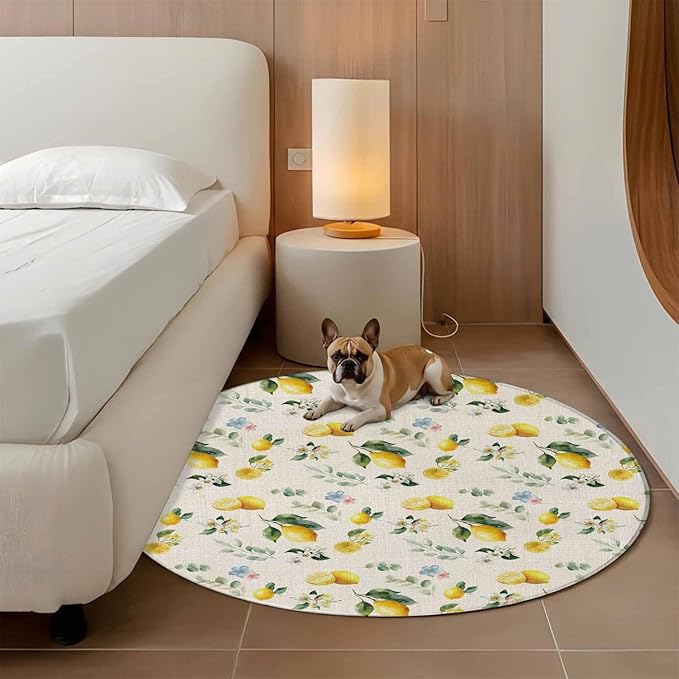 Washable Round Area Rug Country Lemon Flower Leaf Circle Rugs Floor Carpet for Living Room Bedroom, Pastoral Fruit Plant Vintage Linen Soft Non Slip Round Rug 3ft