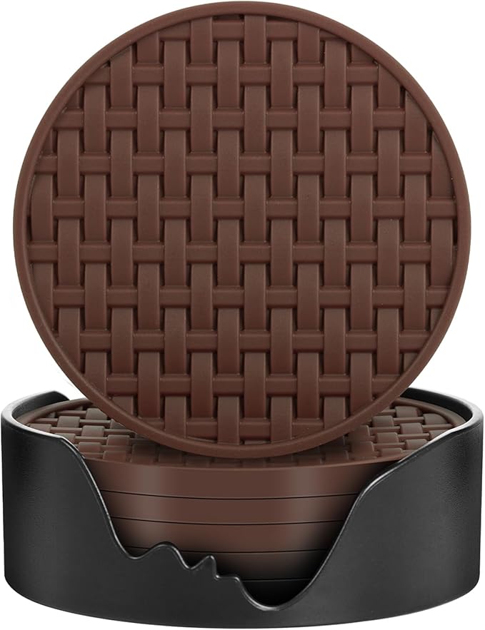 Brown Round Silicone Coasters with Holder, 4 Inch Non-Slip Heat-Resistant & Waterproof Cup Mats, Decorative Drink Coaster Set of 6 for Home, Office, Kitchen, Coffee Bar Table