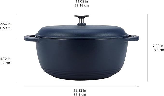 Amazon Basics Enameled Cast Iron Dutch Oven Pot with Lid, Dual Handles, Heavy-Duty, Oven Safe, Round, 6-Quart, Matte Navy