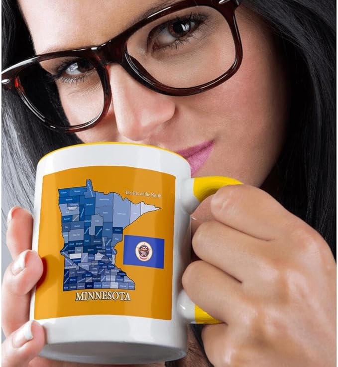 3dRose Flag, Map and motto of Minnesota with all counties labeled 15oz Two-Tone Yellow Mug