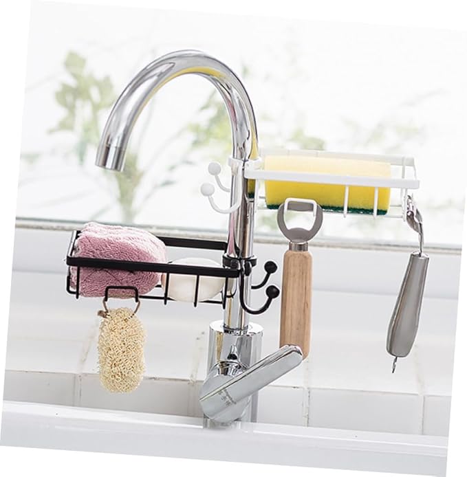 Faucet Storage Rack with Rust-resistant Plastic and Iron Wire Sponge Holder for Kitchen Sink Dishcloth Organizer with Hooks Easy Installation Without Drilling White