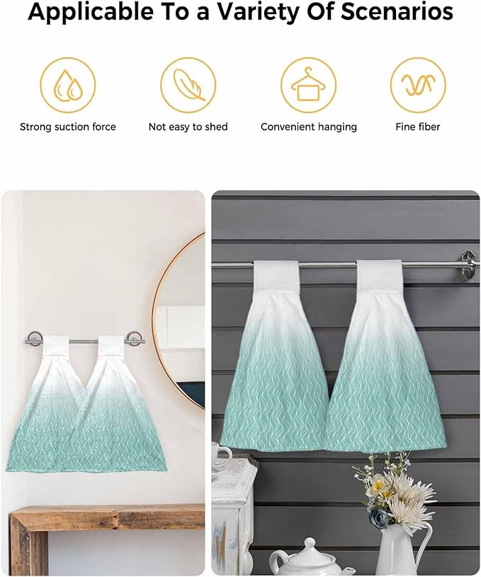 Alandar Home Kitchen Tie Towel Set of 1, Abstract White Wave Line Absorbent Soft Hand Towels for Bathroom Hanging Towels, Modern Stripe on Green Fast Drying Cleaning Cloth with Loop