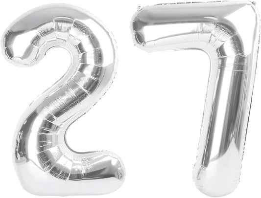 40 Inch Silver 27 Number Balloonss, Big 72 Balloons for Women Men, Birthday Party Decorations for Wedding, Celebration, Graduation, Photo Prop