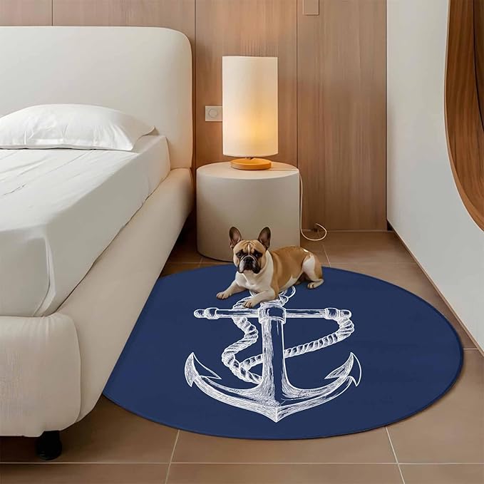 Washable Round Area Rug Marine Theme Anchor String Sketch Circle Rugs Floor Carpet for Living Room Bedroom, Watercolor Nautical Theme Soft Non Slip Round Rug 3ft