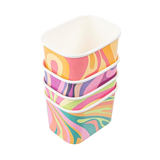 Restaurantware Paper Cups 200 Count 12 Ounce Square Disposable Ice Cream Containers, Leak-Resistant Paper Dessert To Go Cups, Hot And Cold Food, Durable Assorted Groovy Design