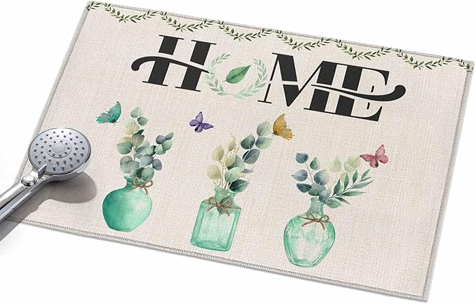 Area Rug 2x3ft, Rustic Home Text Eucalyptus Leaf Washable Rugs for Living Room Bedroom, Farmhouse Butterfly Retro Linen Soft Non-Slip Area Rugs Rectangle Floor Carpet for Dining Room