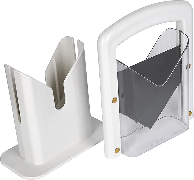 Hoan Bagel Biter Slicer and Cutter with Safety Shield - Serrated Blade Cuts Bagels, Muffins, Buns and Rolls - Dishwasher Safe Bagel Guillotine, 9.25 Inches Tall, White
