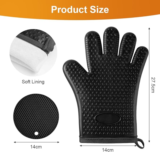 AUAUY Oven Mitts with 2 Pot Holders, Silicone Oven Gloves Heat Resistant 464°F, BBQ Gloves with Fingers, Non-Slip Oven Gloves, Cooking Gloves for Grilling Kitchen Baking Oven Microwave, Black