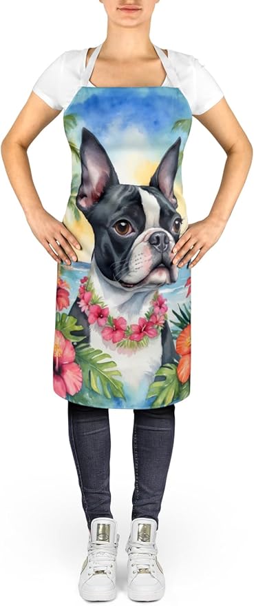 Caroline's Treasures Boston Terrier Luau Apron Cooking Kitchen Server Baking Crafts Gardening for Adult Women Men, Unisex, Large, Multicolor