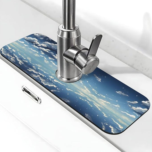 Blue Sky and White Clouds Printed Faucet Absorbent mat, Suitable for bathrooms, Kitchens, and Other Sink Areas.