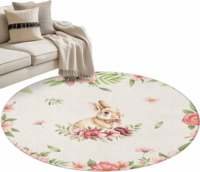 Washable Round Area Rug Retro Easter Rabbit on Linen Circle Rugs Floor Carpet for Living Room Bedroom, Spring Pastoral Pink Flower Leaf Soft Non Slip Round Rug 3ft