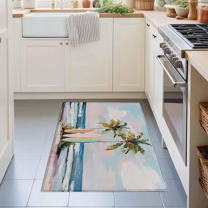 Area Rug 2x3ft, Summer Blue Ocean Surfboard Washable Rugs for Living Room Bedroom, Tropical Plant Palm Tree Soft Non-Slip Area Rugs Rectangle Floor Carpet for Dining Room