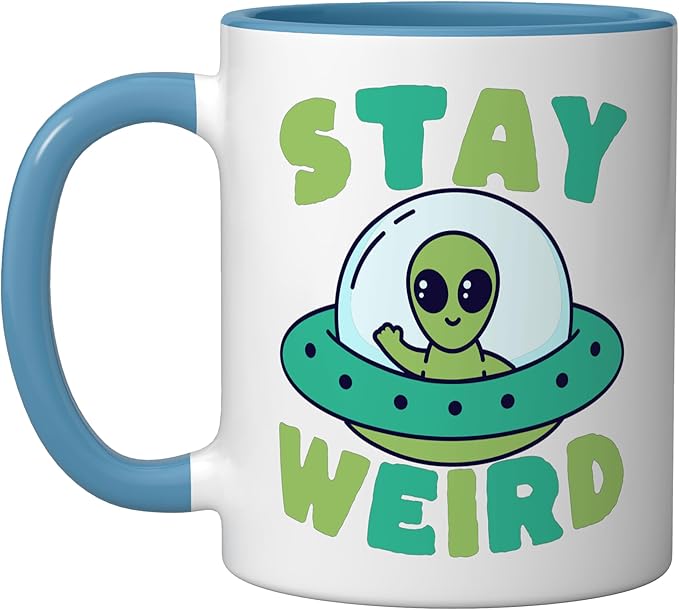 Cute Alien Stay Weird UFO Extraterrestrial Space Ceramic Mug, Blue/White