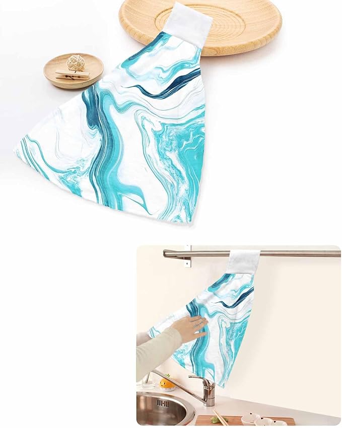 Alandar Home Kitchen Tie Towel Set of 1, Abstract Blue Gradient Marble Absorbent Soft Hand Towels for Bathroom Hanging Towels, Ombre Water Ripple Fast Drying Cleaning Cloth with Loop
