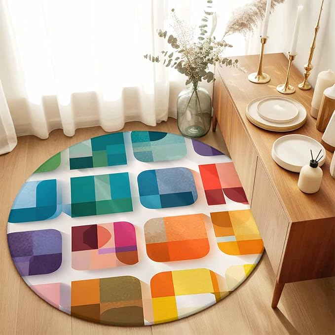 Washable Round Area Rug Modern Geometric Squares Circle Rugs Floor Carpet for Living Room Bedroom, Colorful Abstract Art Soft Non Slip Round Rug 5ft
