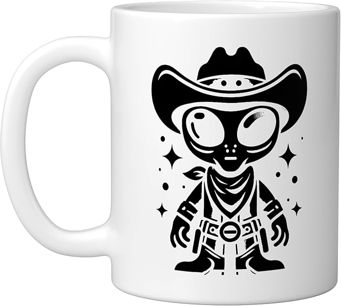 Alien Lover Flying Saucer UFO Extraterrestrial Cowboy Ceramic Mug, White